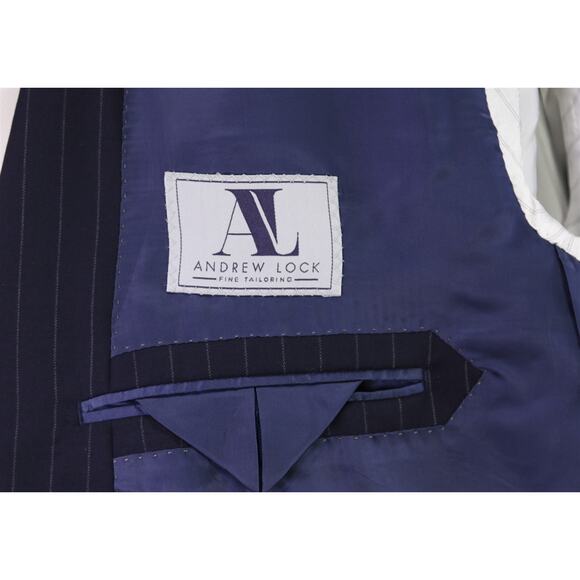 Andrew Lock Custom Tailored Navy Blue Pinstripe 2-Btn Wool Handmade Suit 46L - Picture 9 of 11